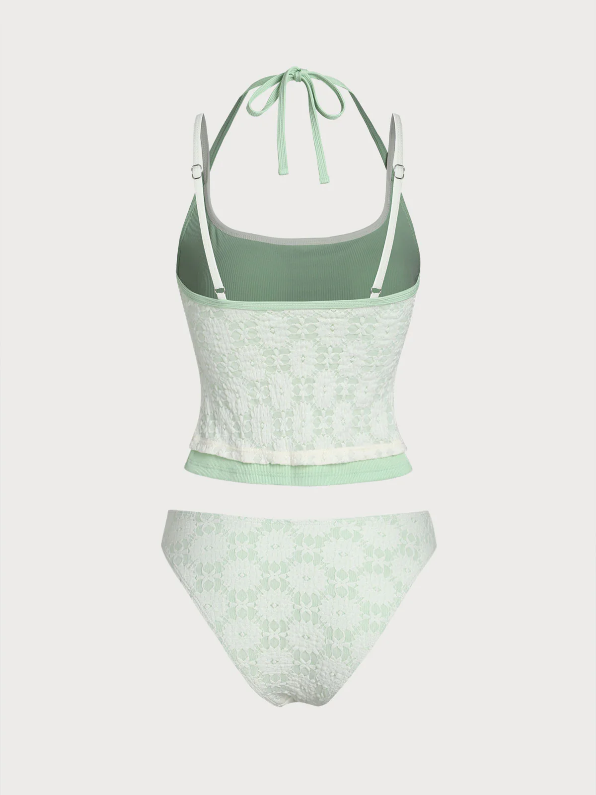 Light Green Contrast Lace Tankini Set - Image 8