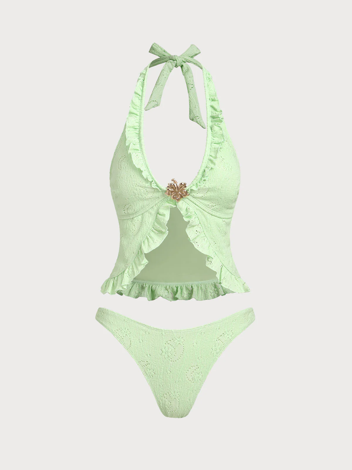 Light Green Flower Decoration Deep V Tankini Set - Image 6