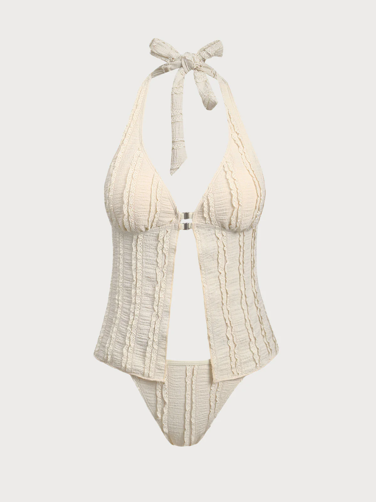 Light Yellow Deep V Front Button Tankini Set - Image 6