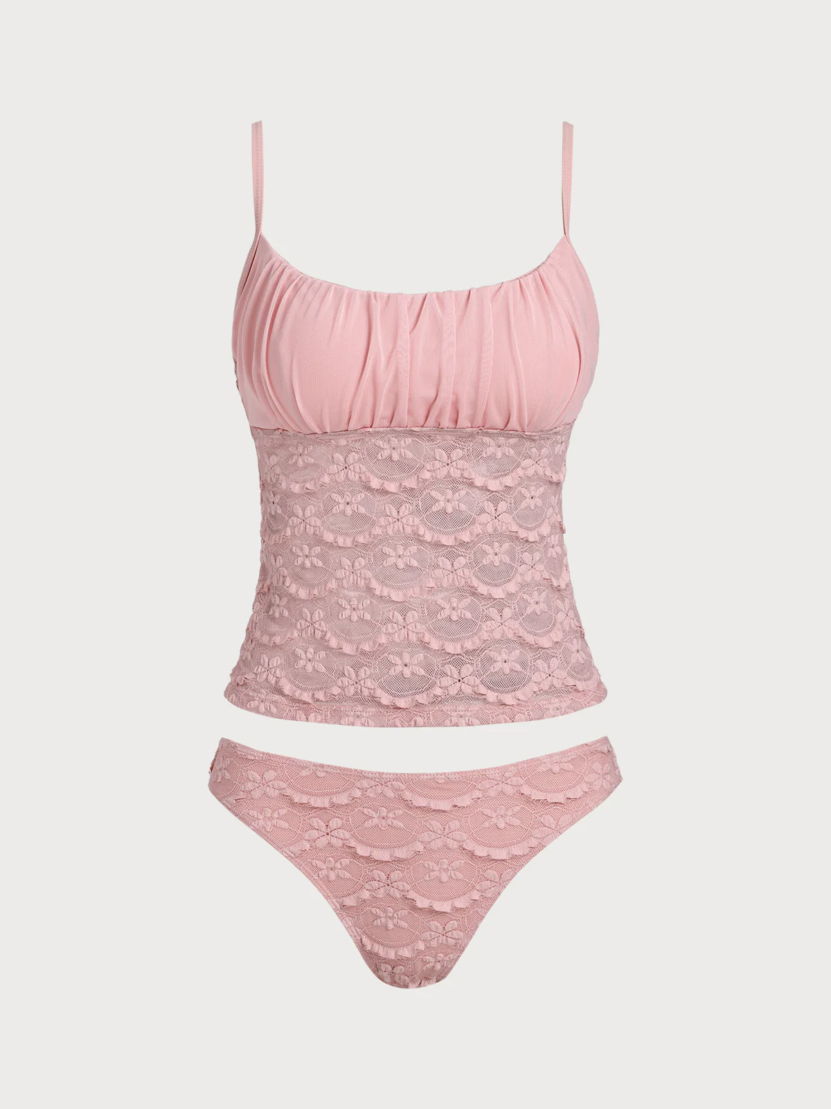 Off White Ruched Hollow Mesh Flower Tankini Set - Image 12