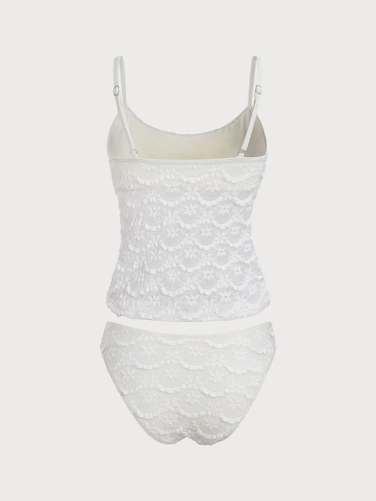 Off White Ruched Hollow Mesh Flower Tankini Set - Image 7