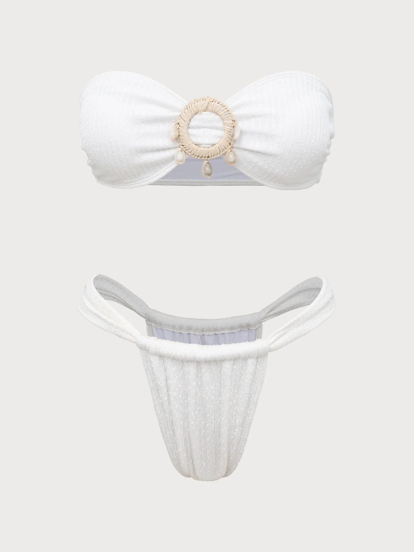 Off White Shell Decorated Ring Bandeau Bikini Set