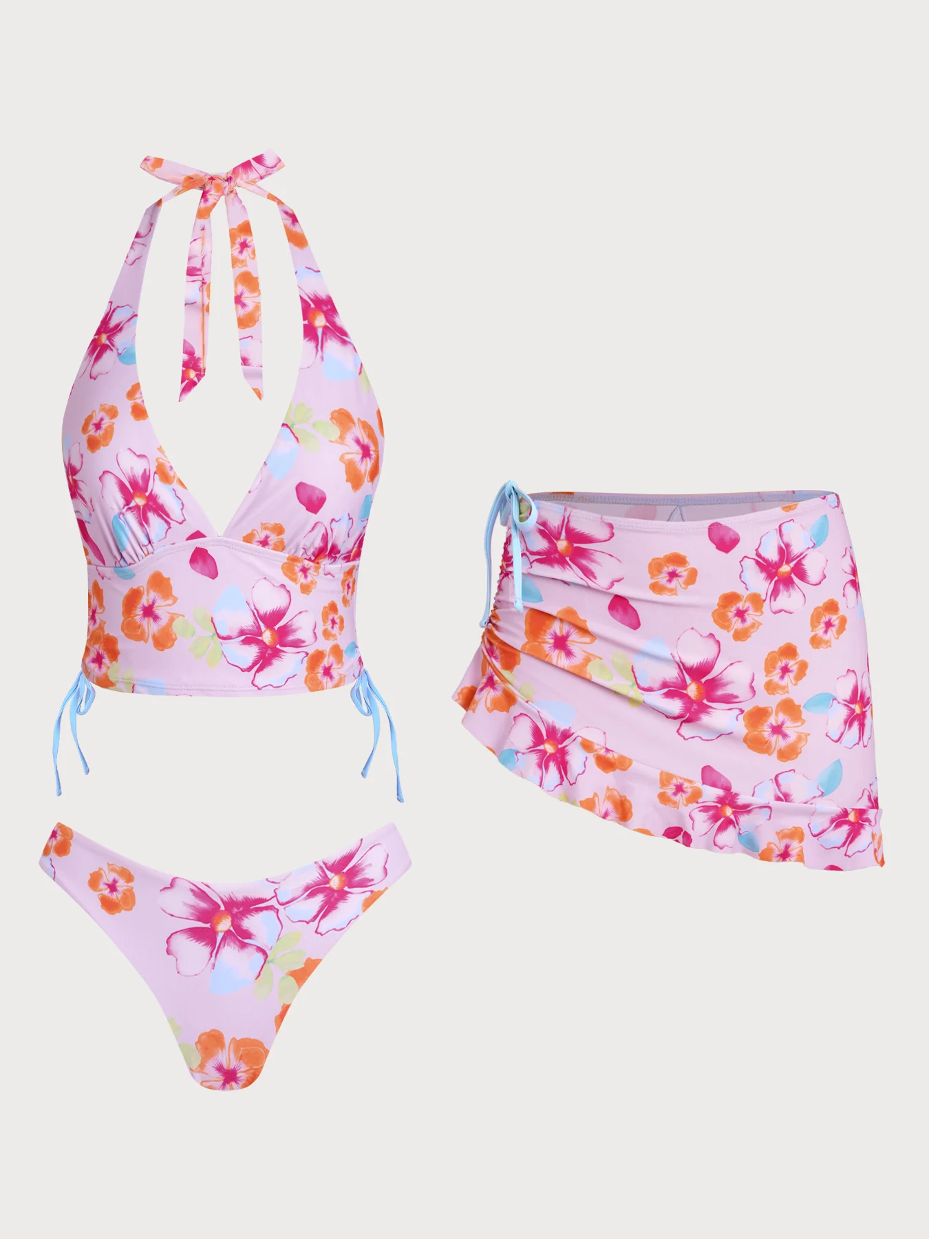 Orange Floral Contrast Tankini Three-Piece Set - Image 19