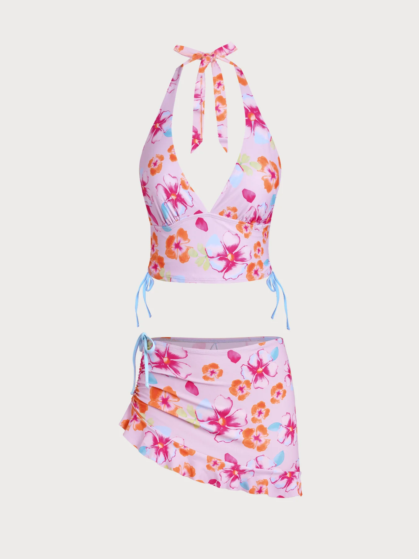 Orange Floral Contrast Tankini Three-Piece Set - Image 20