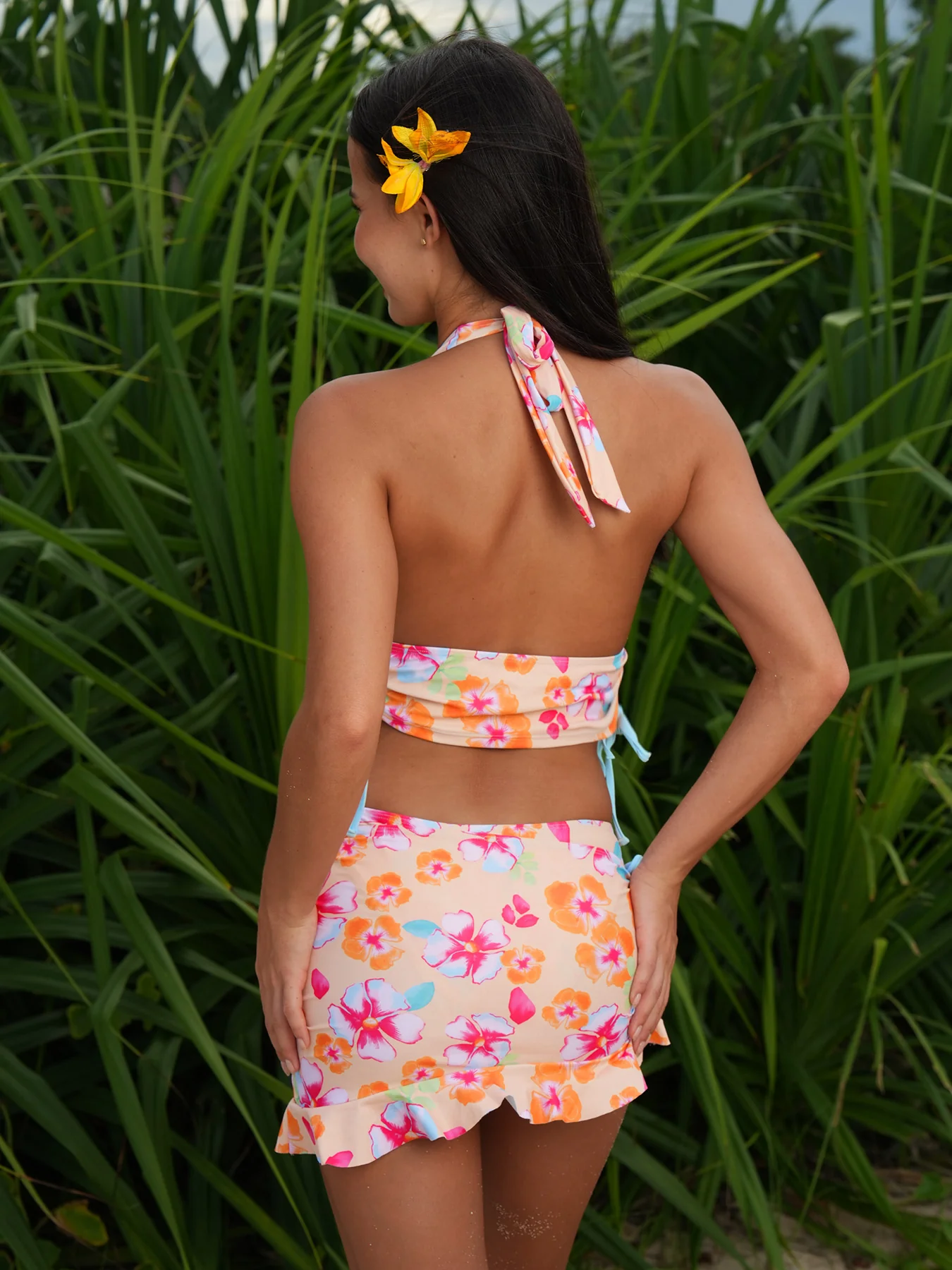 Orange Floral Contrast Tankini Three-Piece Set - Image 3