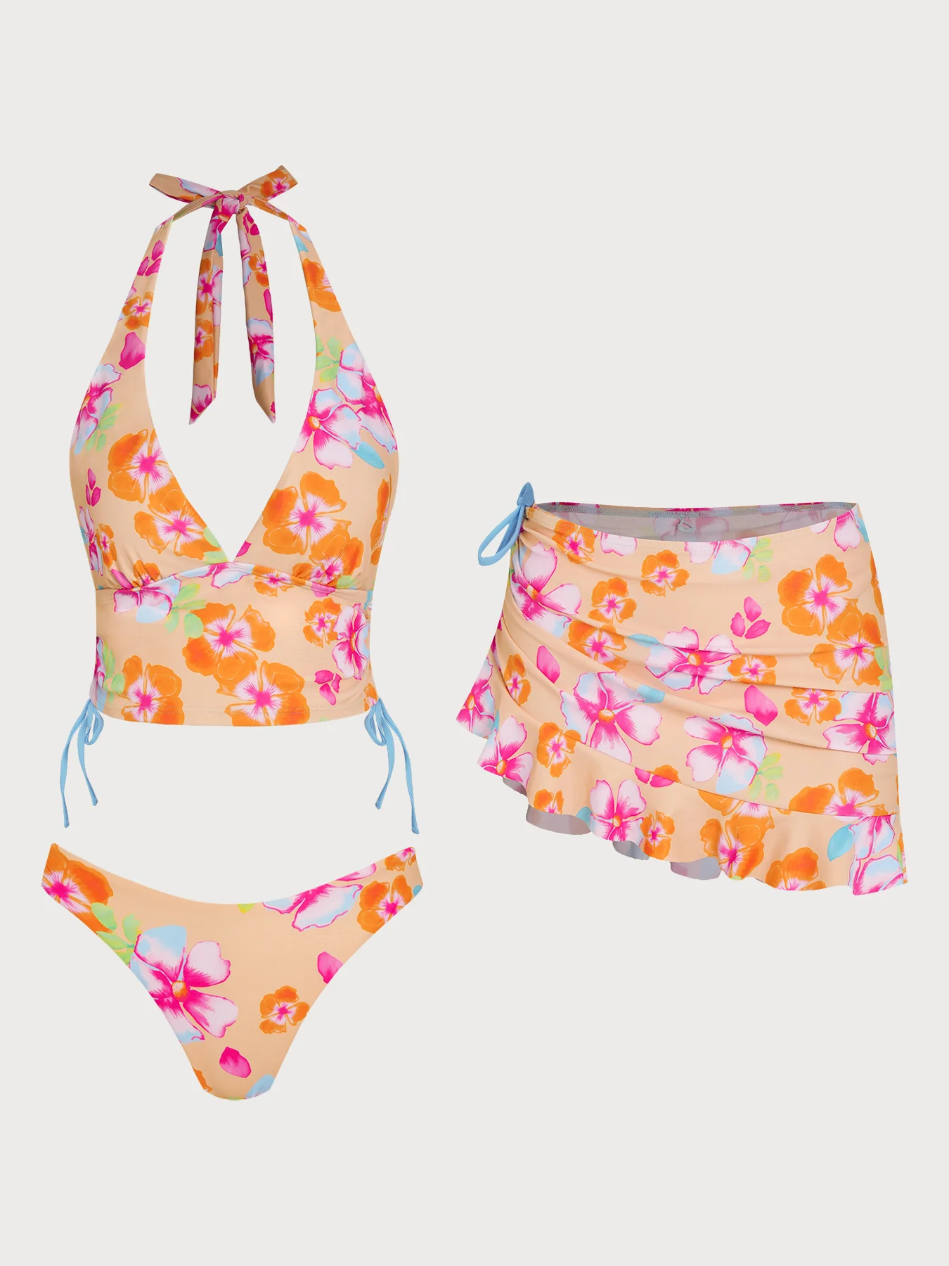 Orange Floral Contrast Tankini Three-Piece Set - Image 6