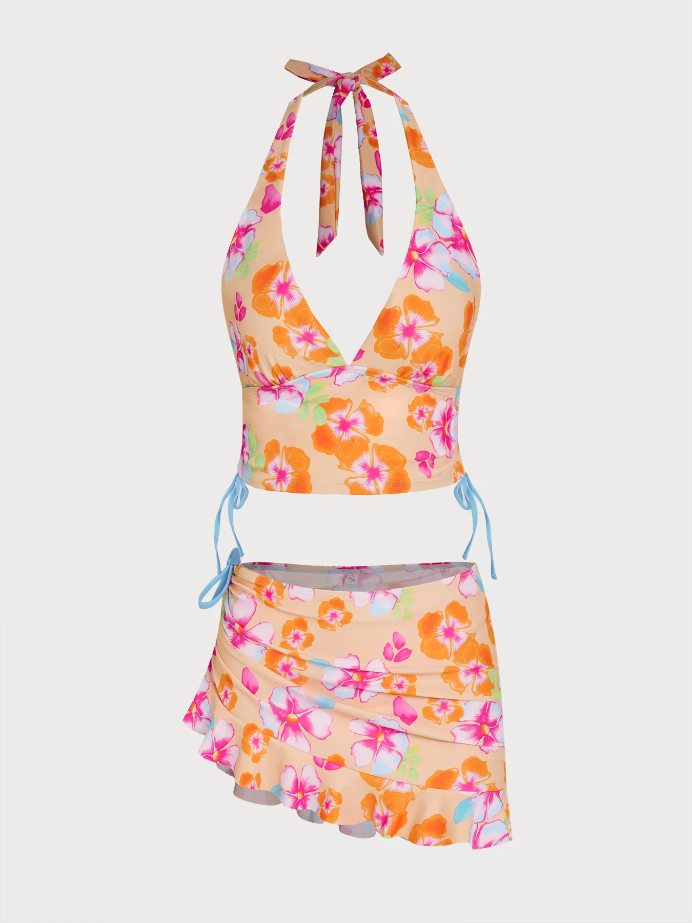 Orange Floral Contrast Tankini Three-Piece Set - Image 7