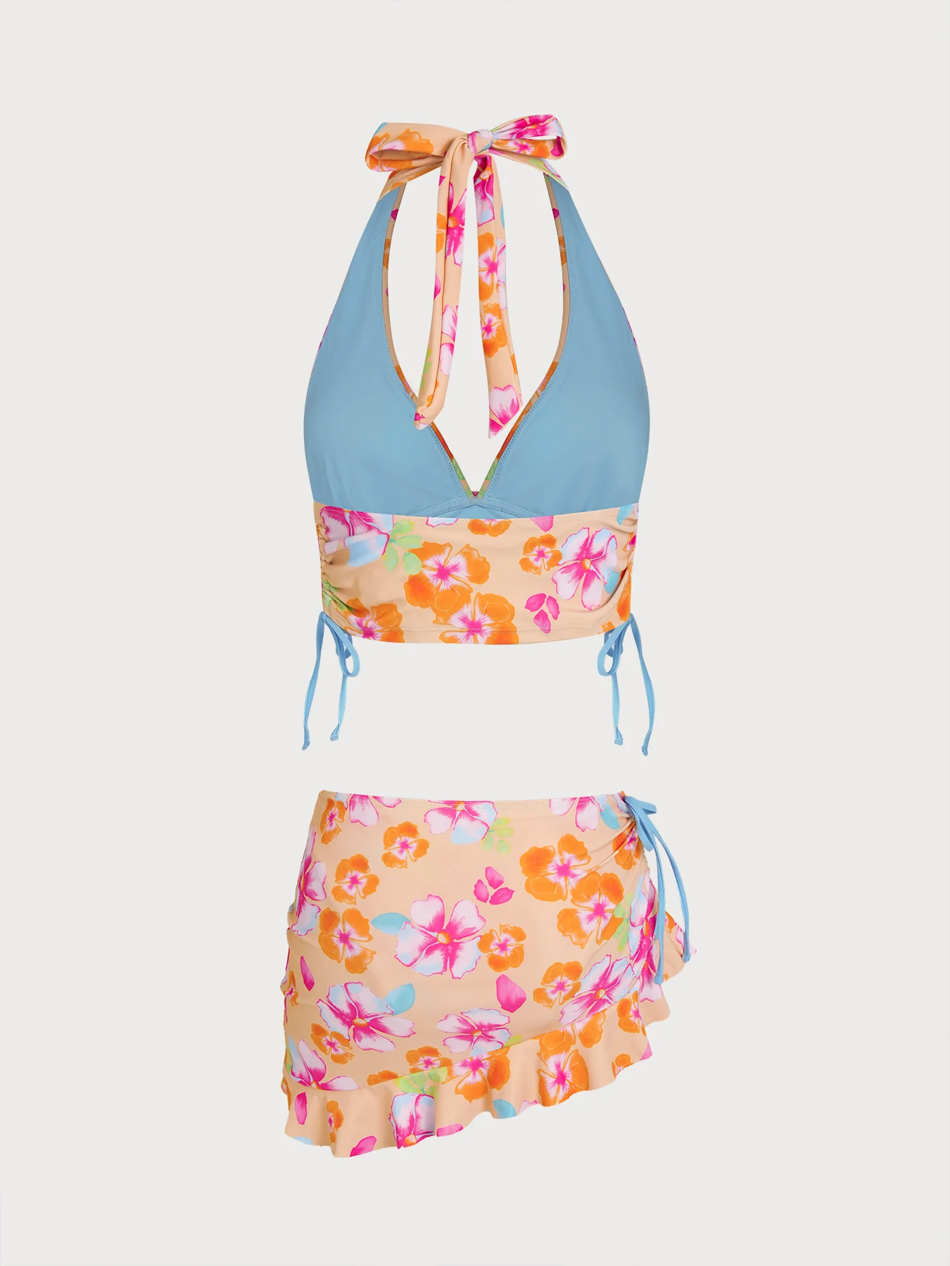 Orange Floral Contrast Tankini Three-Piece Set - Image 8