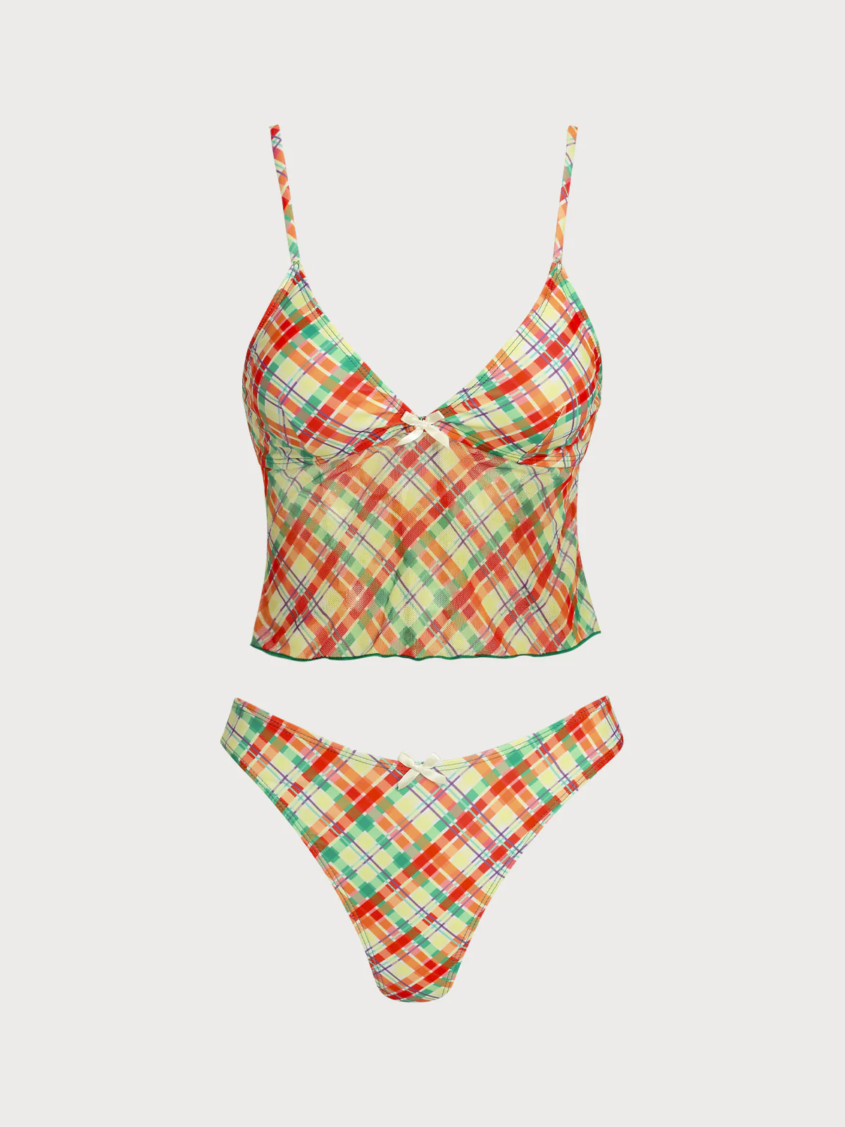 Orange Polyester Knitted Plaid Print Tankini Set - Image 7