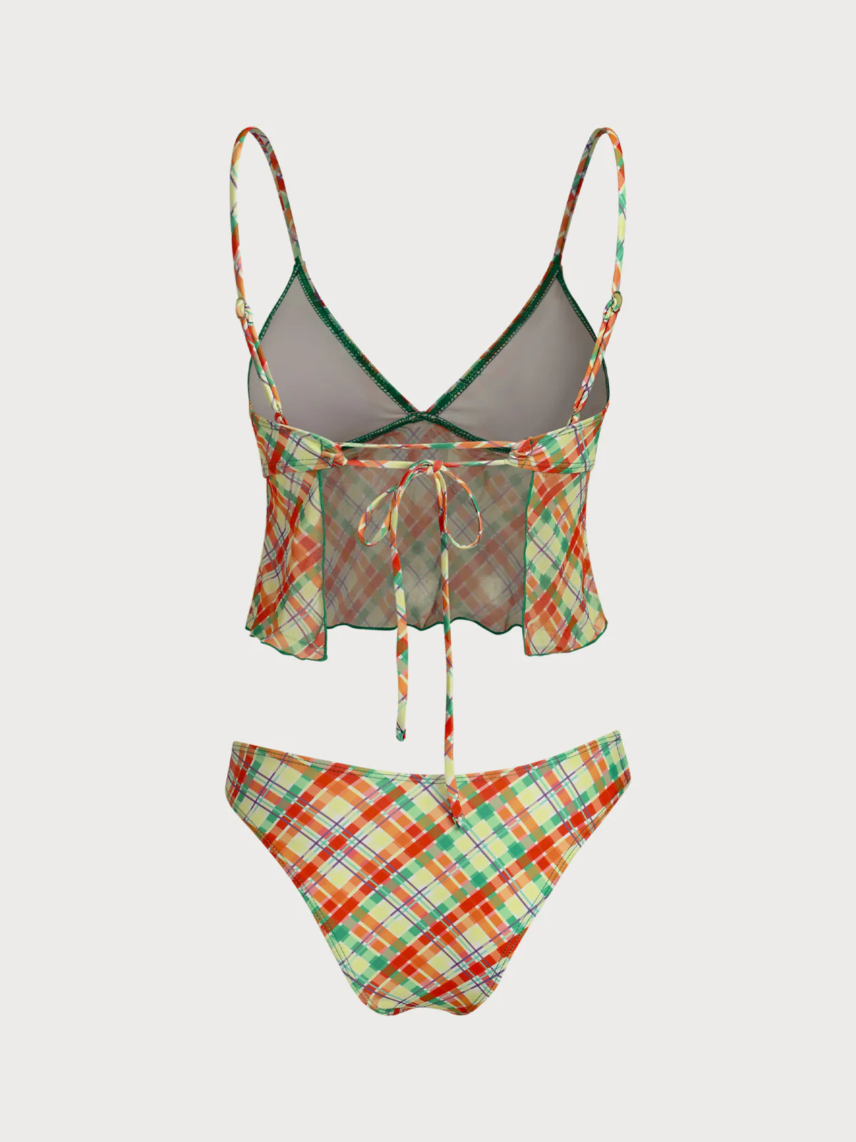Orange Polyester Knitted Plaid Print Tankini Set - Image 8