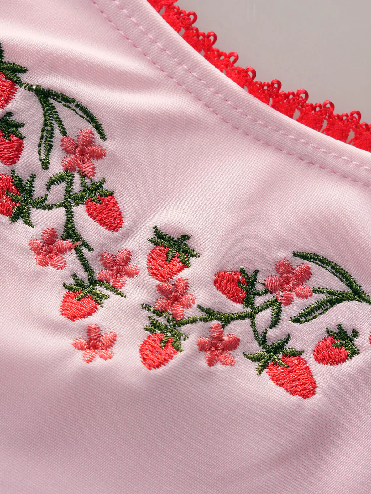 Pink Contrast Color Embroidered Cherry Bikini Set - Image 4