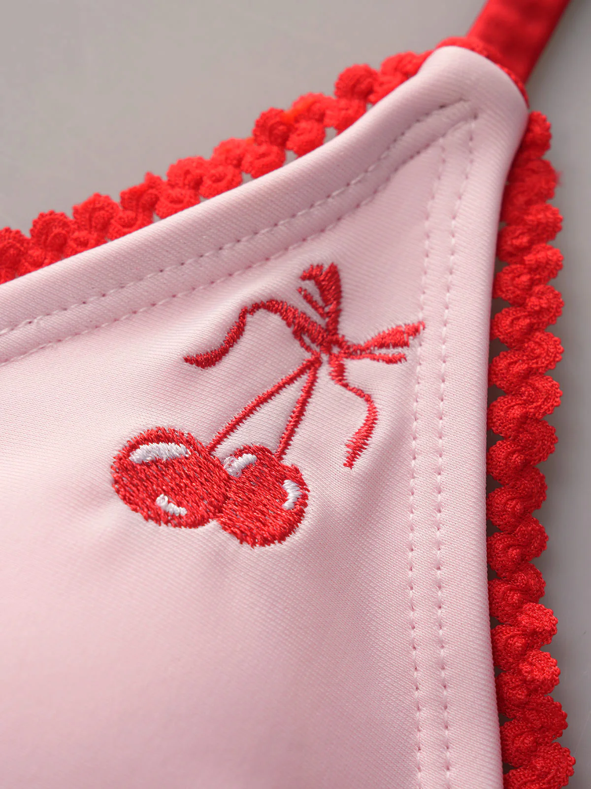 Pink Contrast Color Embroidered Cherry Bikini Set - Image 5