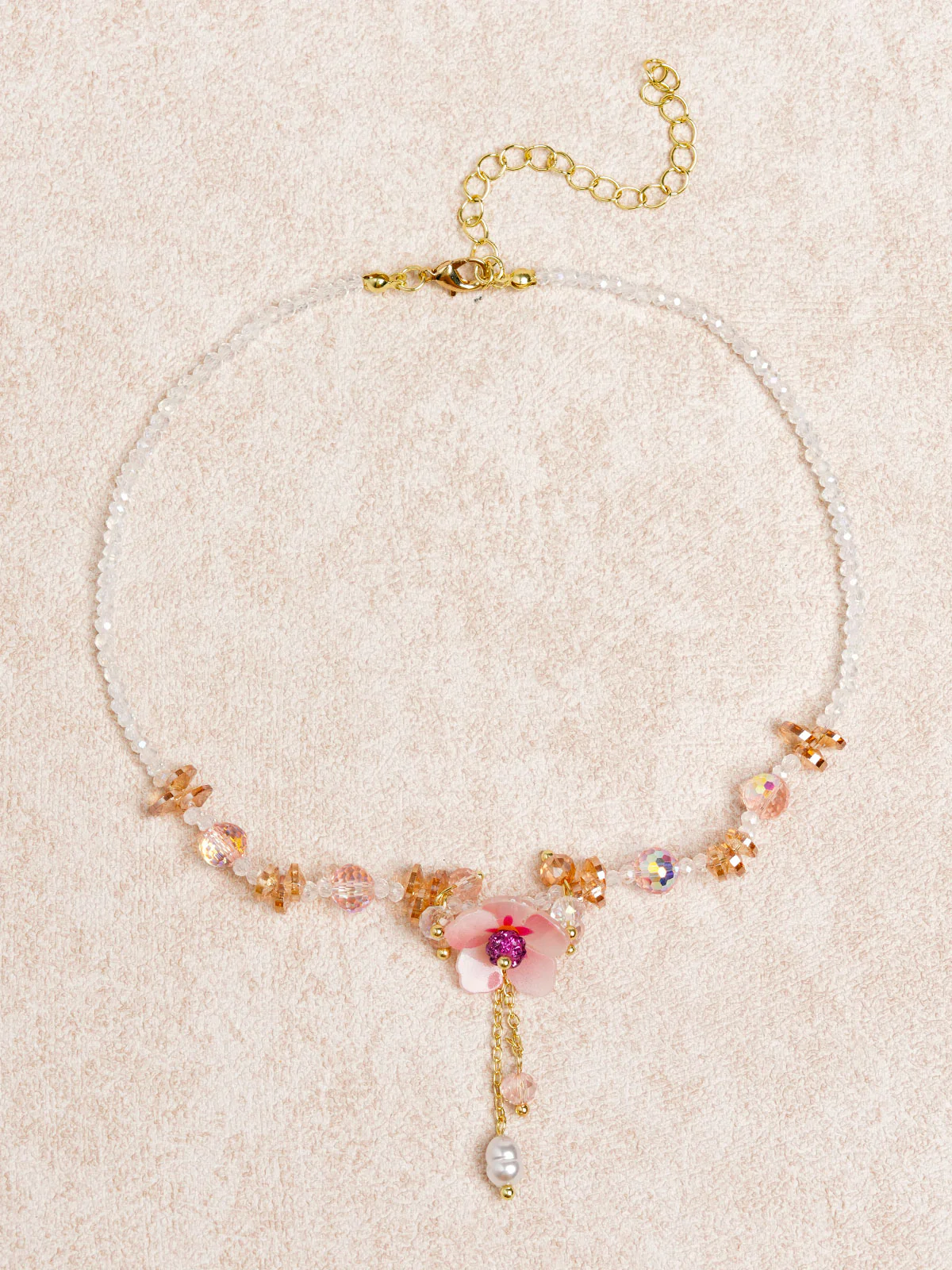 Pink Diamond Flower Imitation Pearl Crystal Necklace