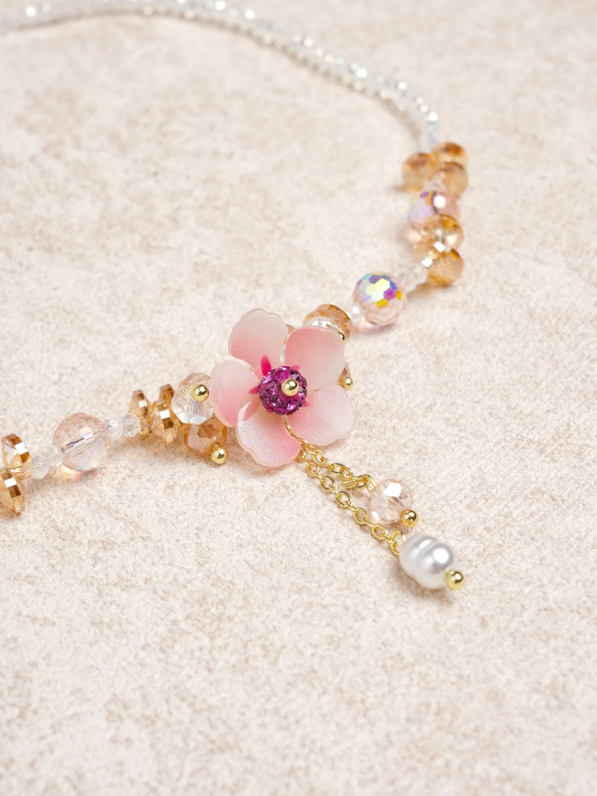 Pink Diamond Flower Imitation Pearl Crystal Necklace - Image 2