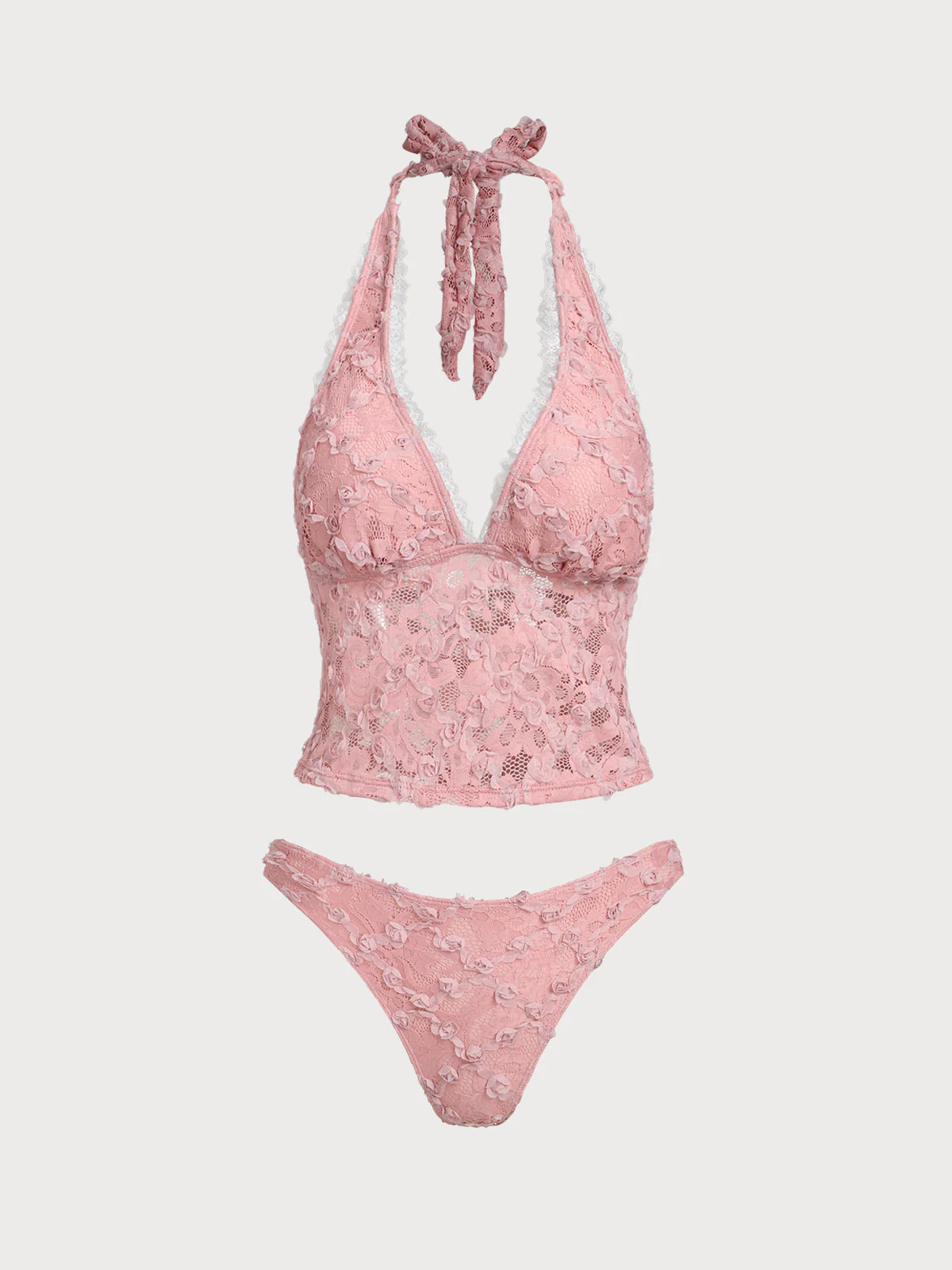 Pink Lace 3D Flower Retro Tankini Set - Image 7