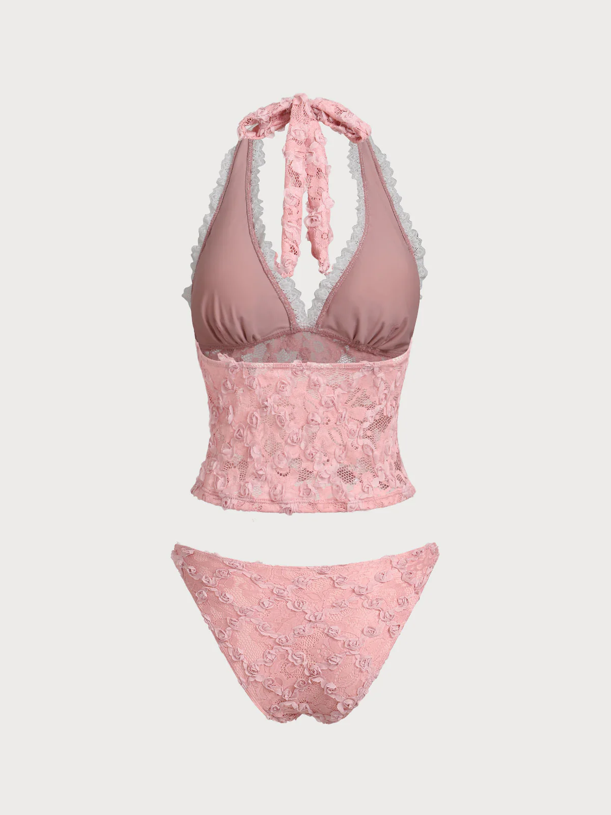 Pink Lace 3D Flower Retro Tankini Set - Image 8