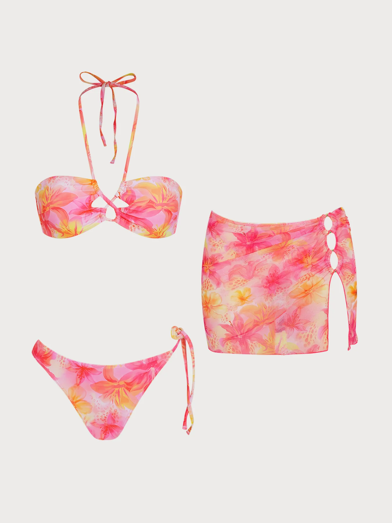 Pink O-Ring Floral Bikini Three-Piece Set - Image 11