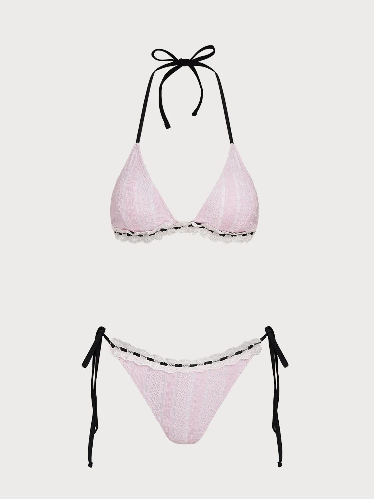 Pink Polyester Knit Contrast Lace Bikini Set - Image 6