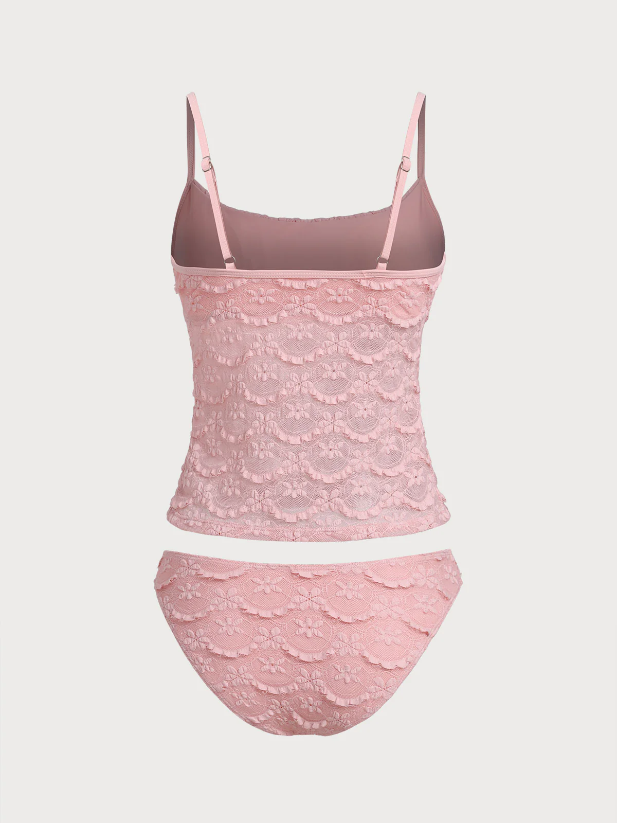 Pink Ruched Hollow Mesh Flower Tankini Set - Image 7
