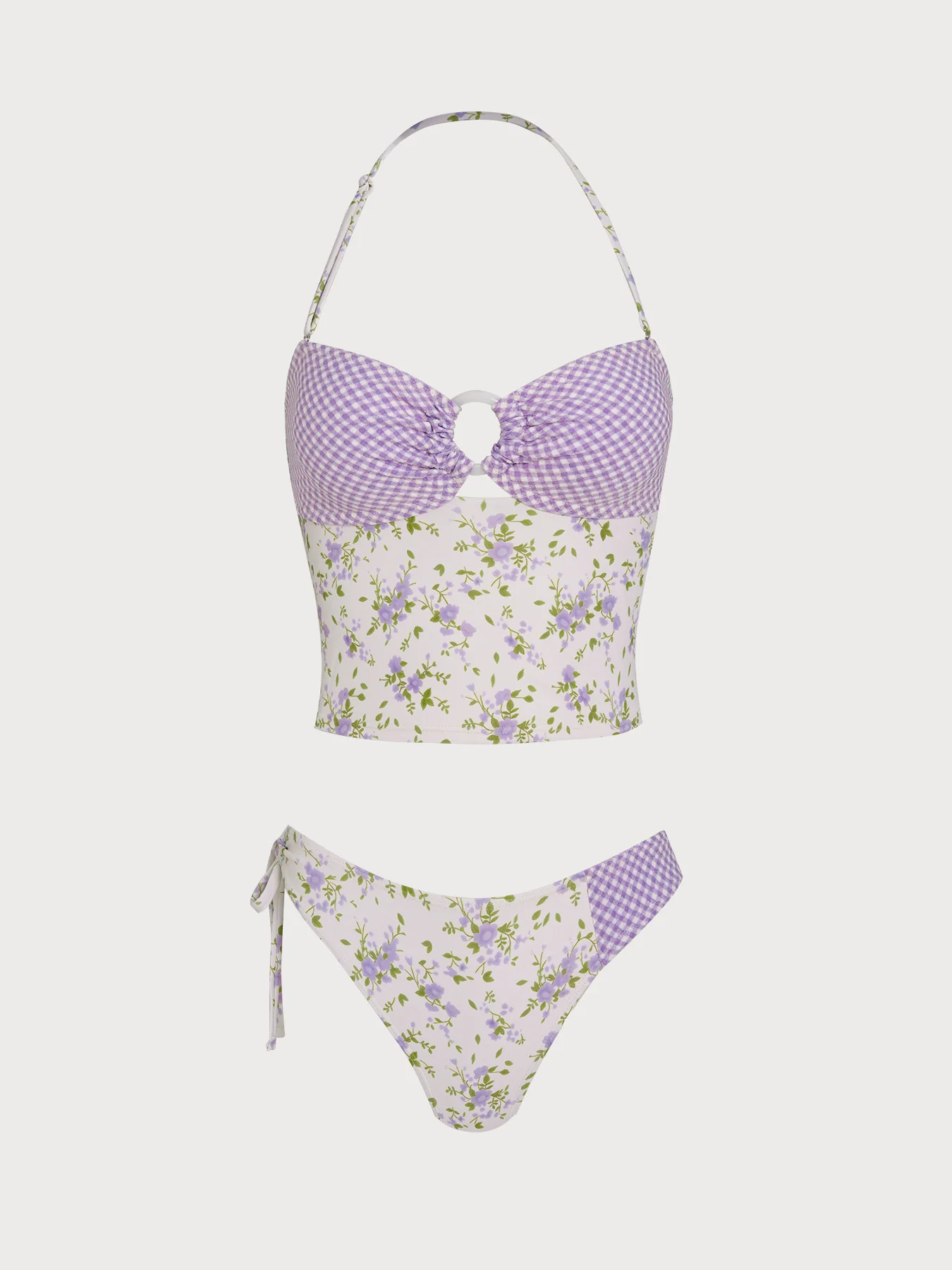 Purple Floral O-Ring Contrast Tankini Set - Image 6