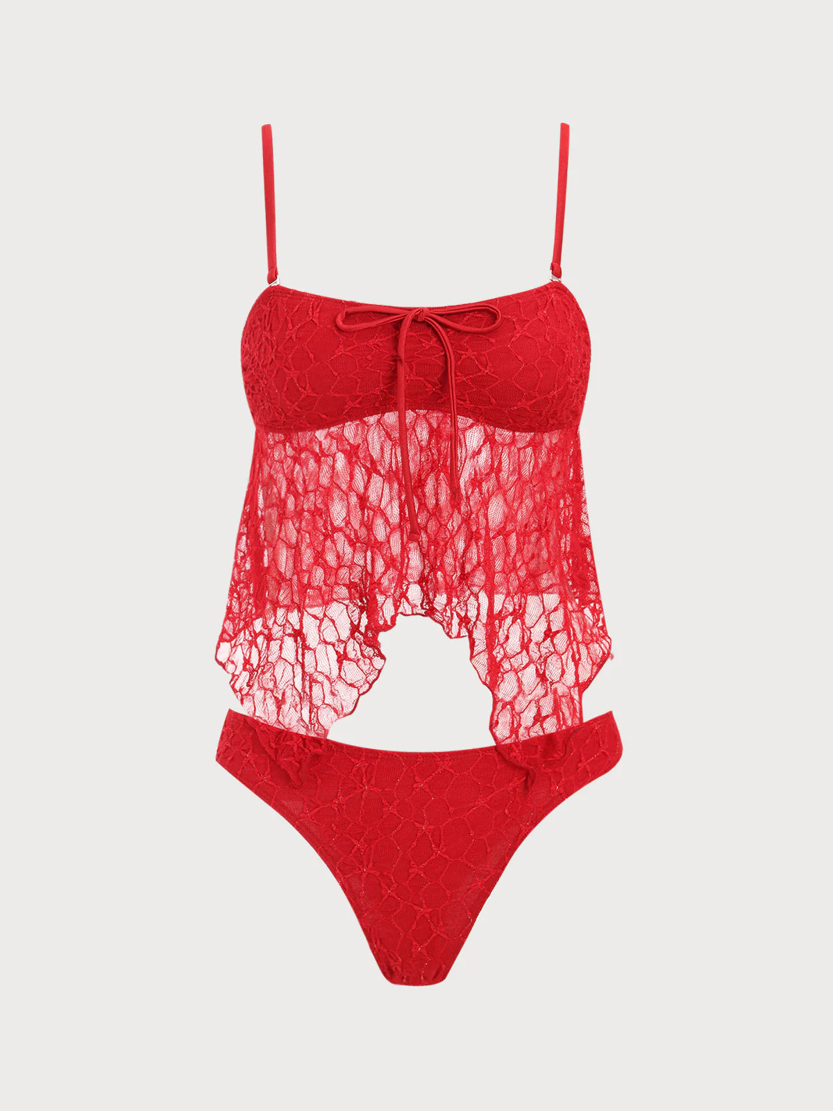 Red Irregular Hem Lace Tankini Set - Image 6