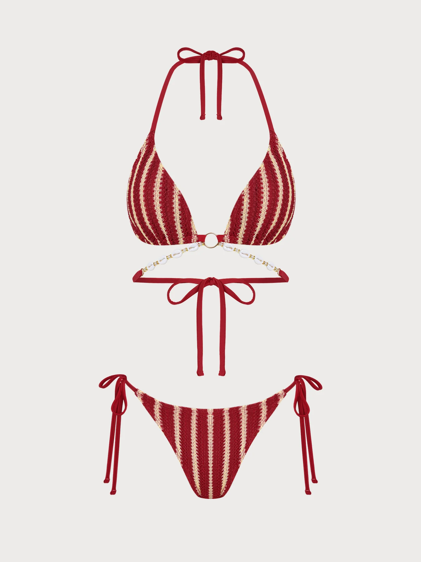 Red O-Ring Contrast Striped Bikini Set - Image 6