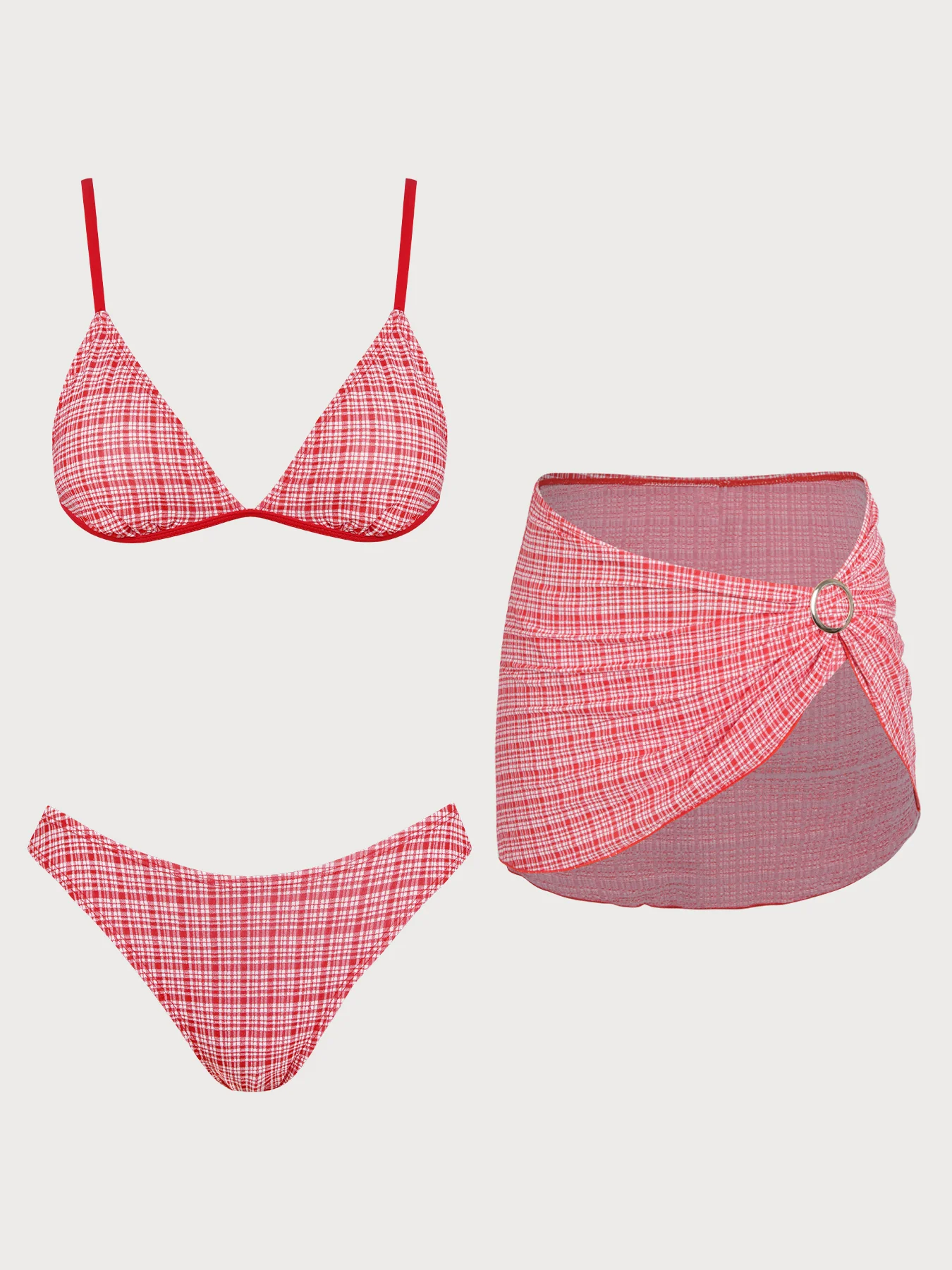 Red Plaid Bikini Three-Piece Set - Image 2