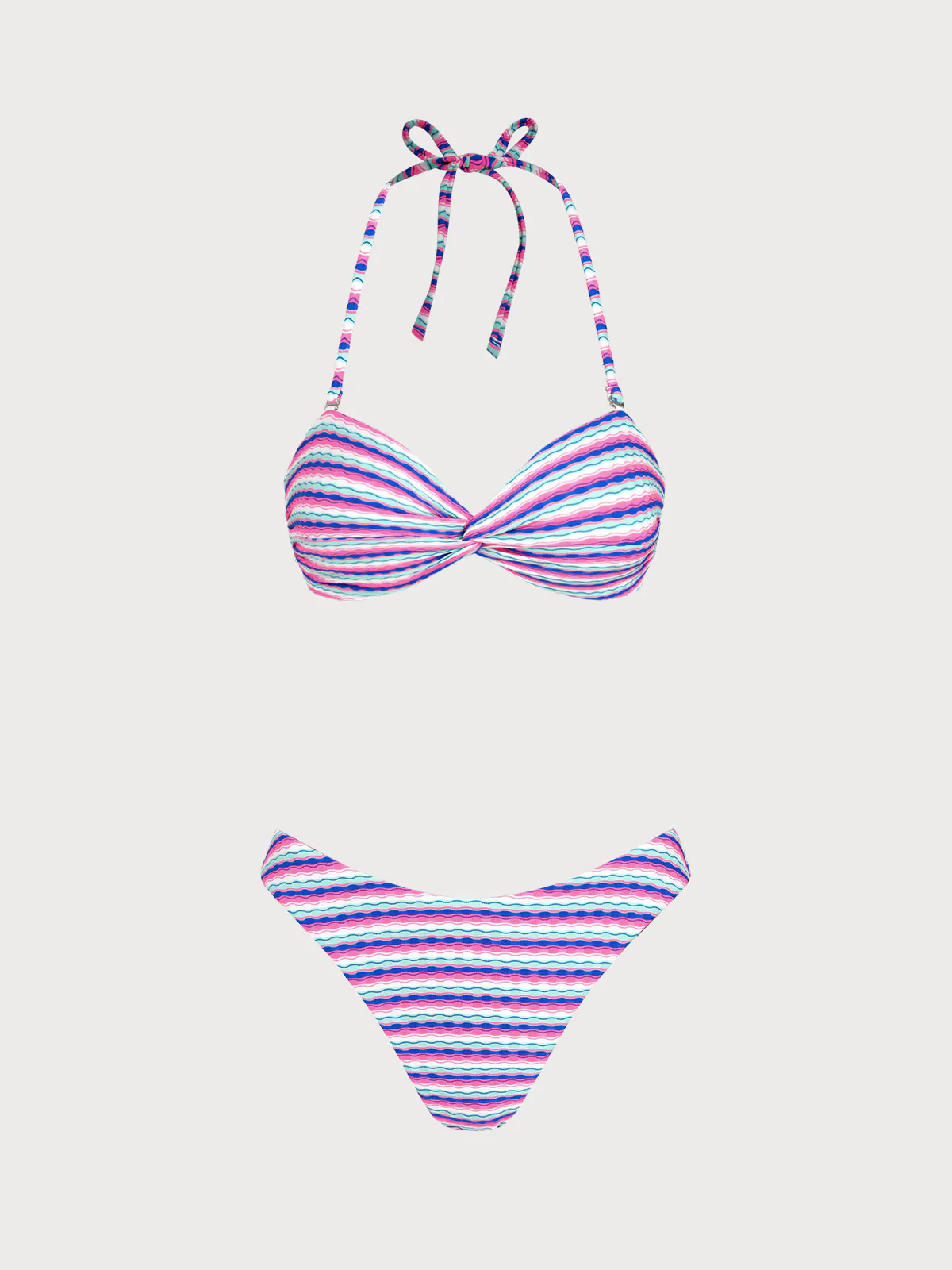 Rose Red Colorful Striped Twist Bikini Set - Image 6
