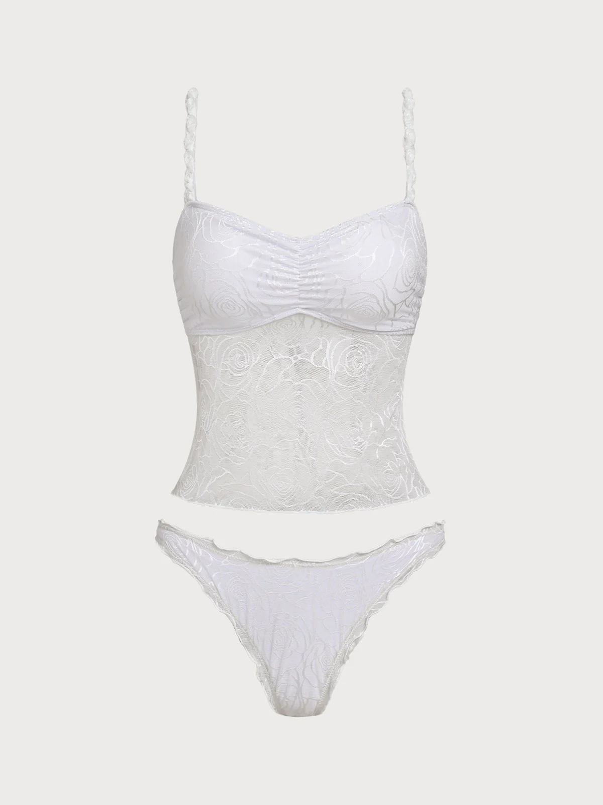 White 3D Flower Strap Lace Tankini Set - Image 7