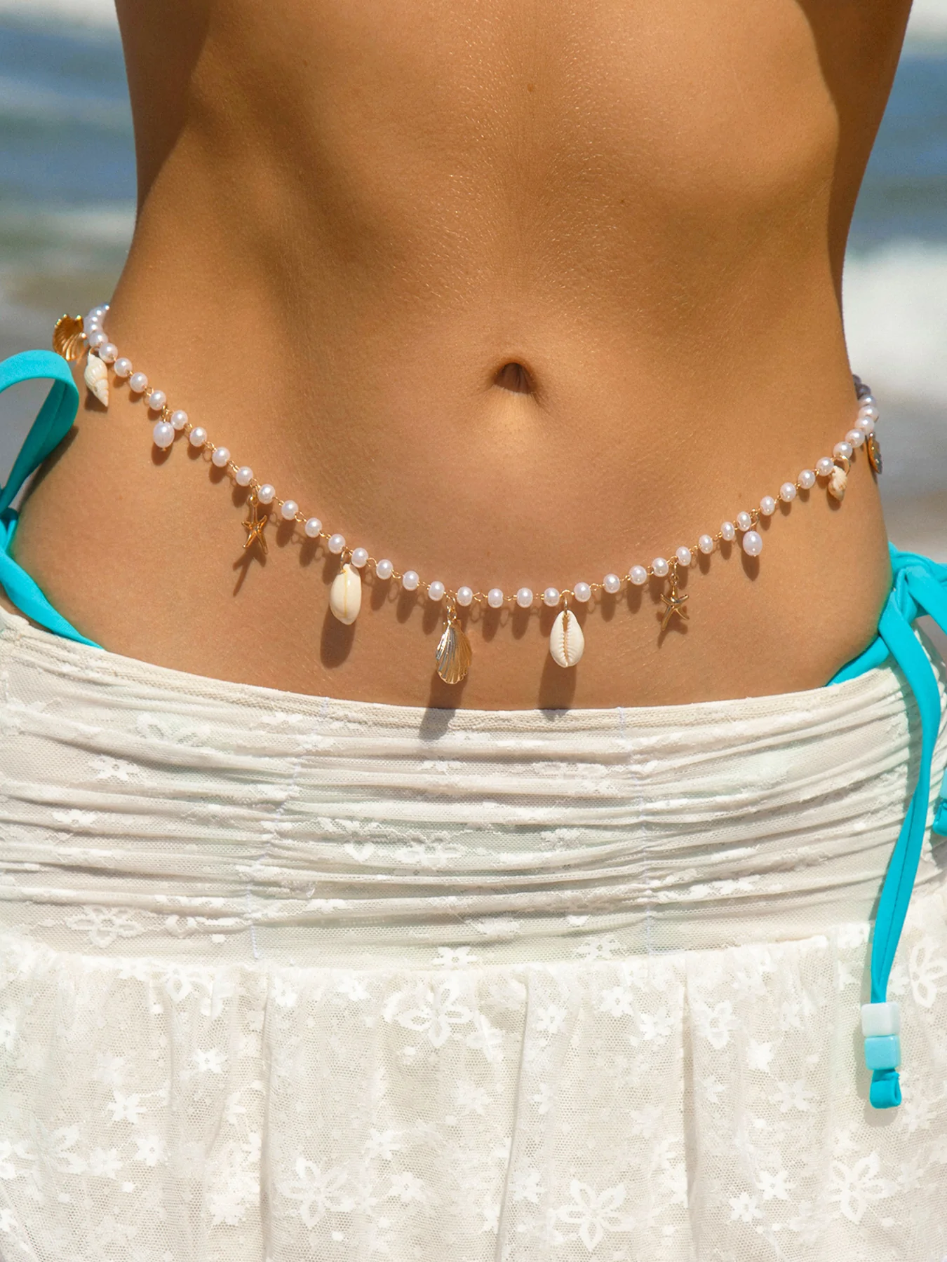 White Alloy Seashell Starfish Pearl Waist Chain - Image 2