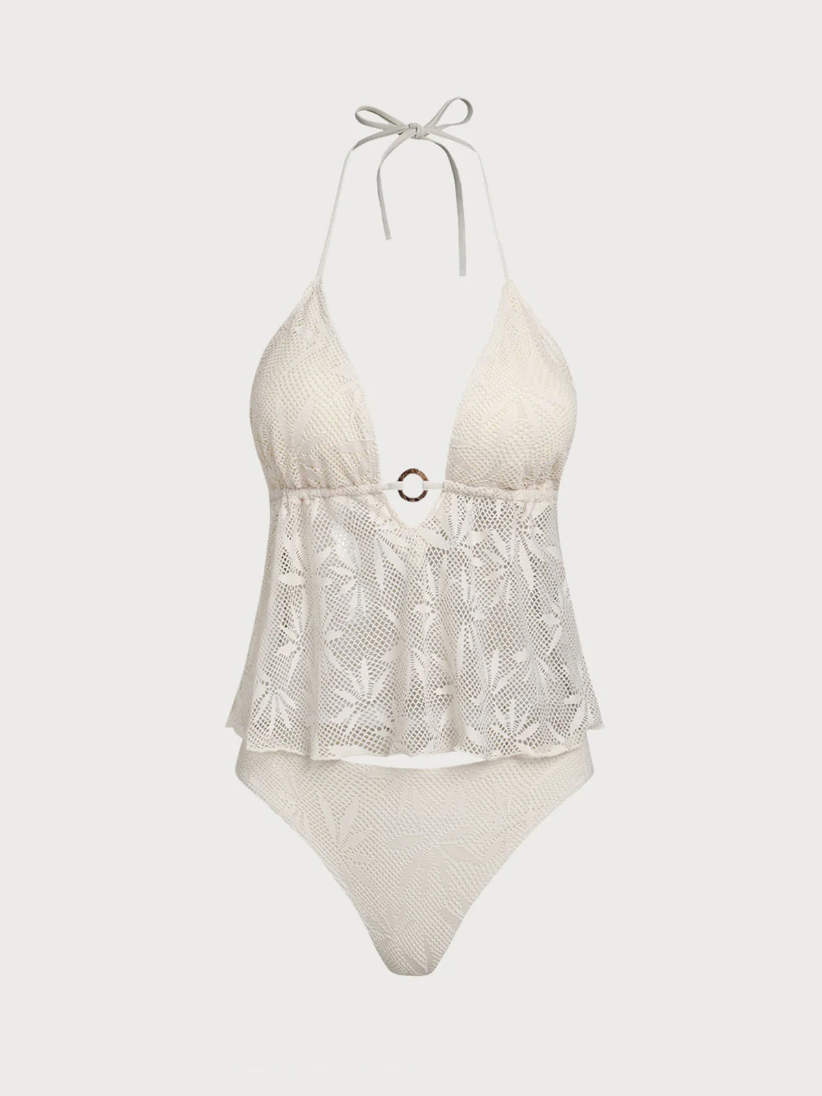 White Mesh Coconut Shell O-Ring Tankini Set - Image 6