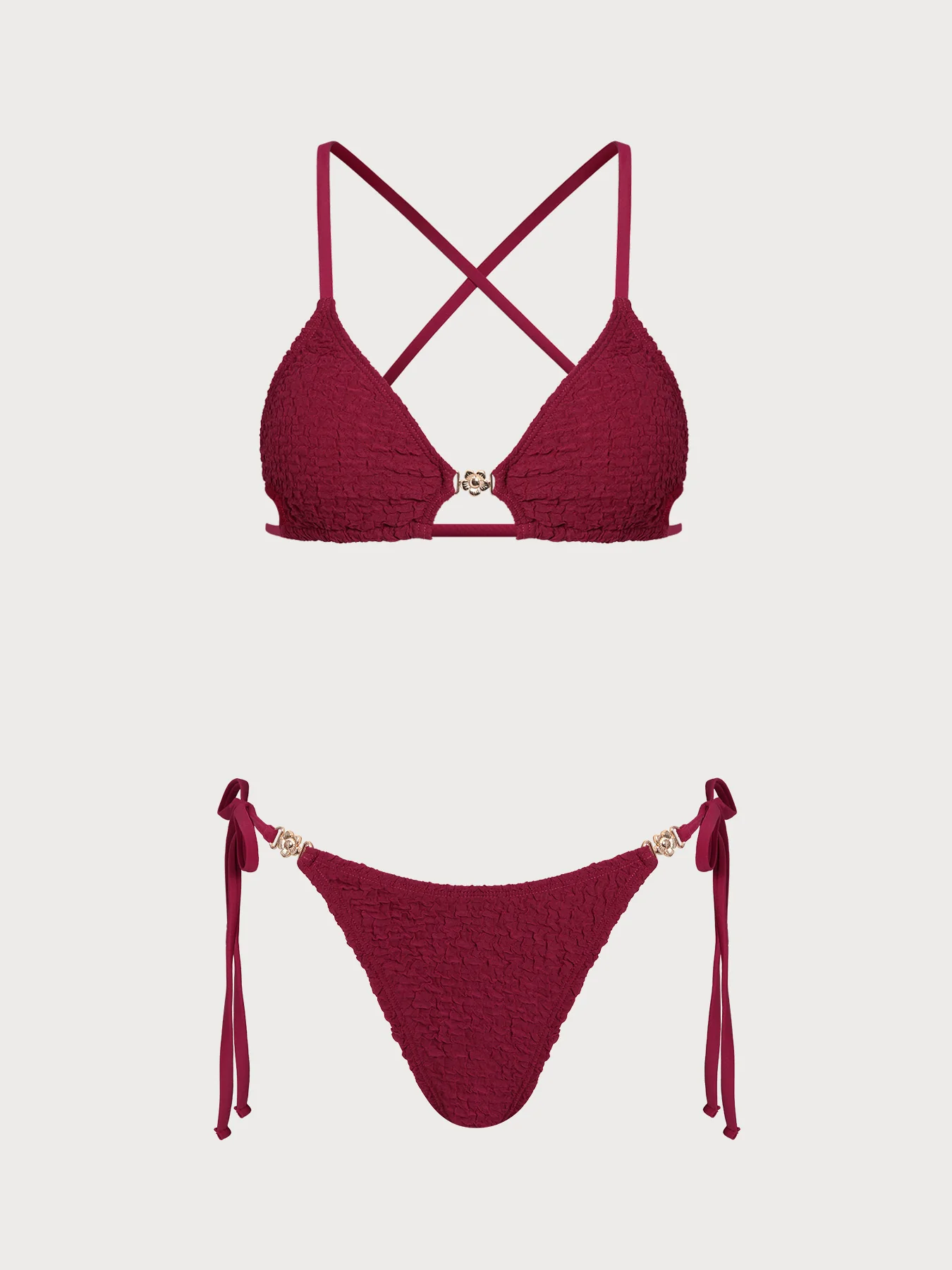 Wine Red Ruched Cross Back Bikini Set - Image 8