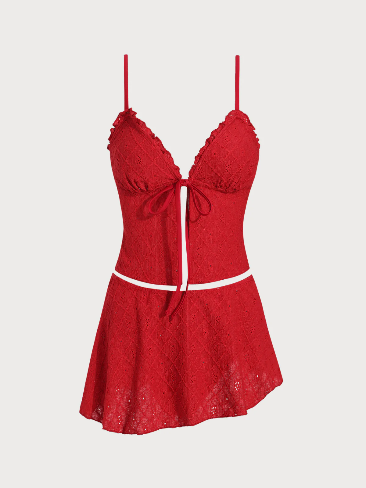 Wine Red Ruffle Front Tie Tankini Three-Piece Set - Image 7