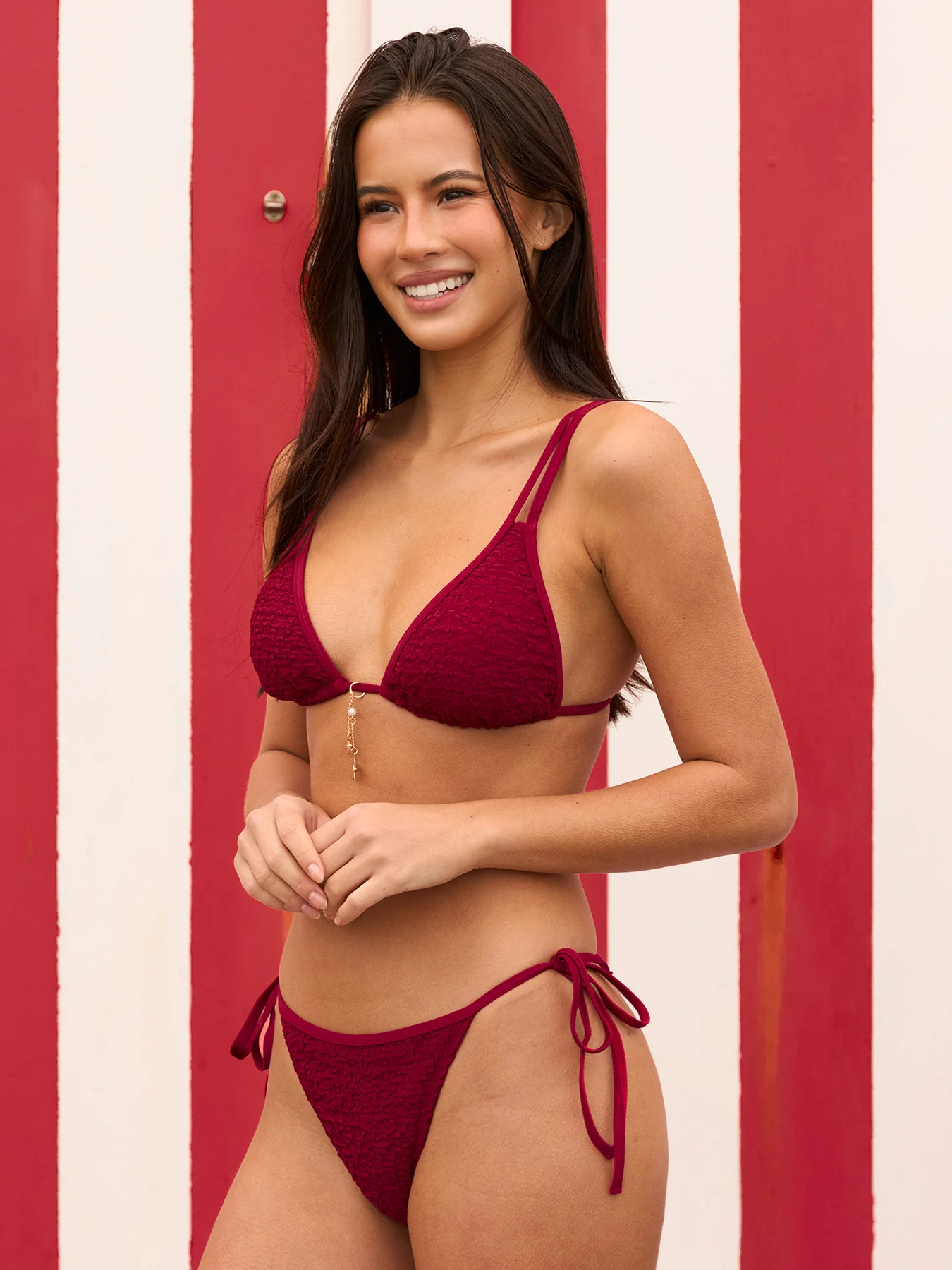 Wine Red Star Ruched Trim Bikini Set - Image 3