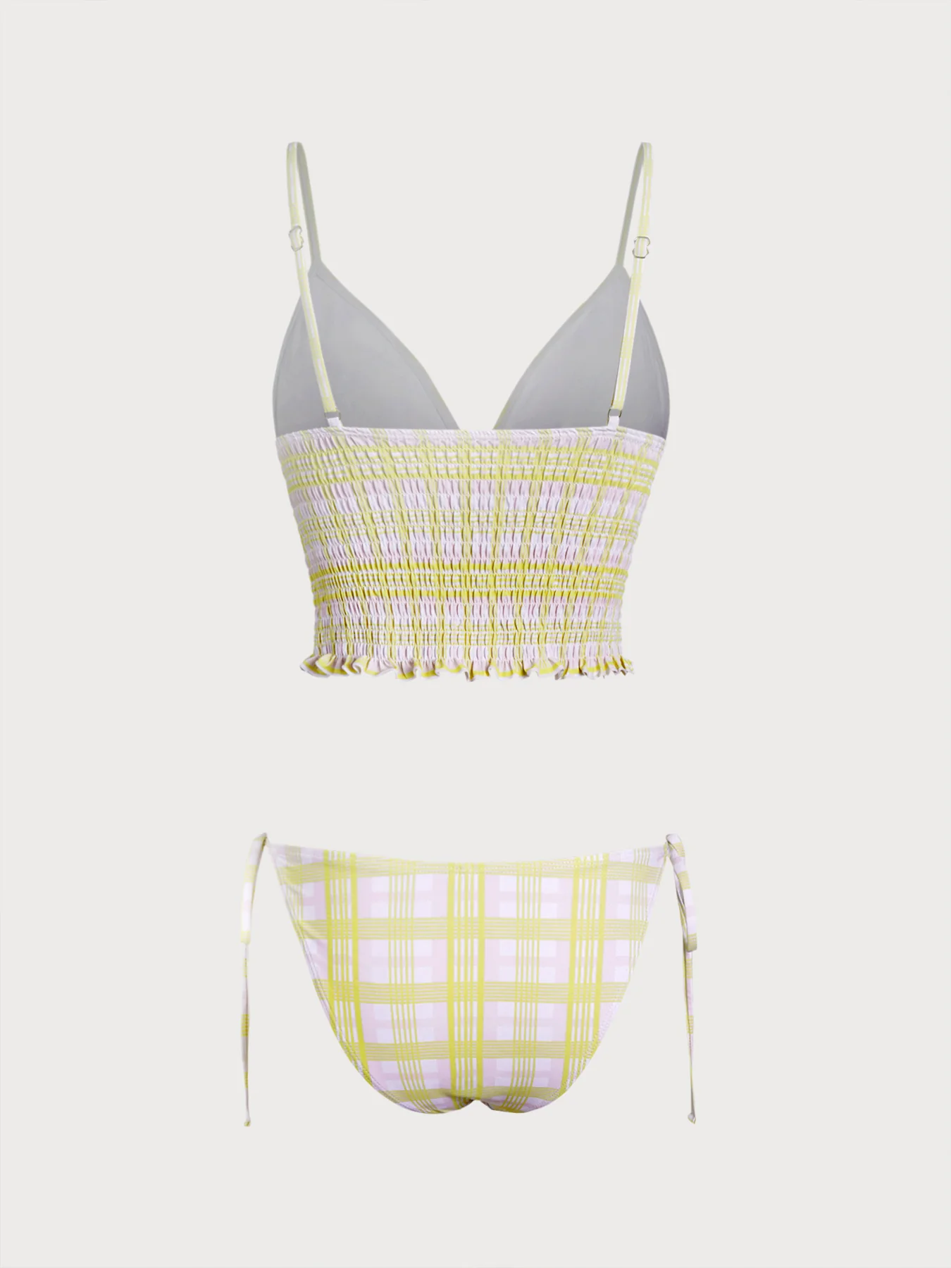 Light Yellow Floral Plaid Ruched Tankini Set - Image 9