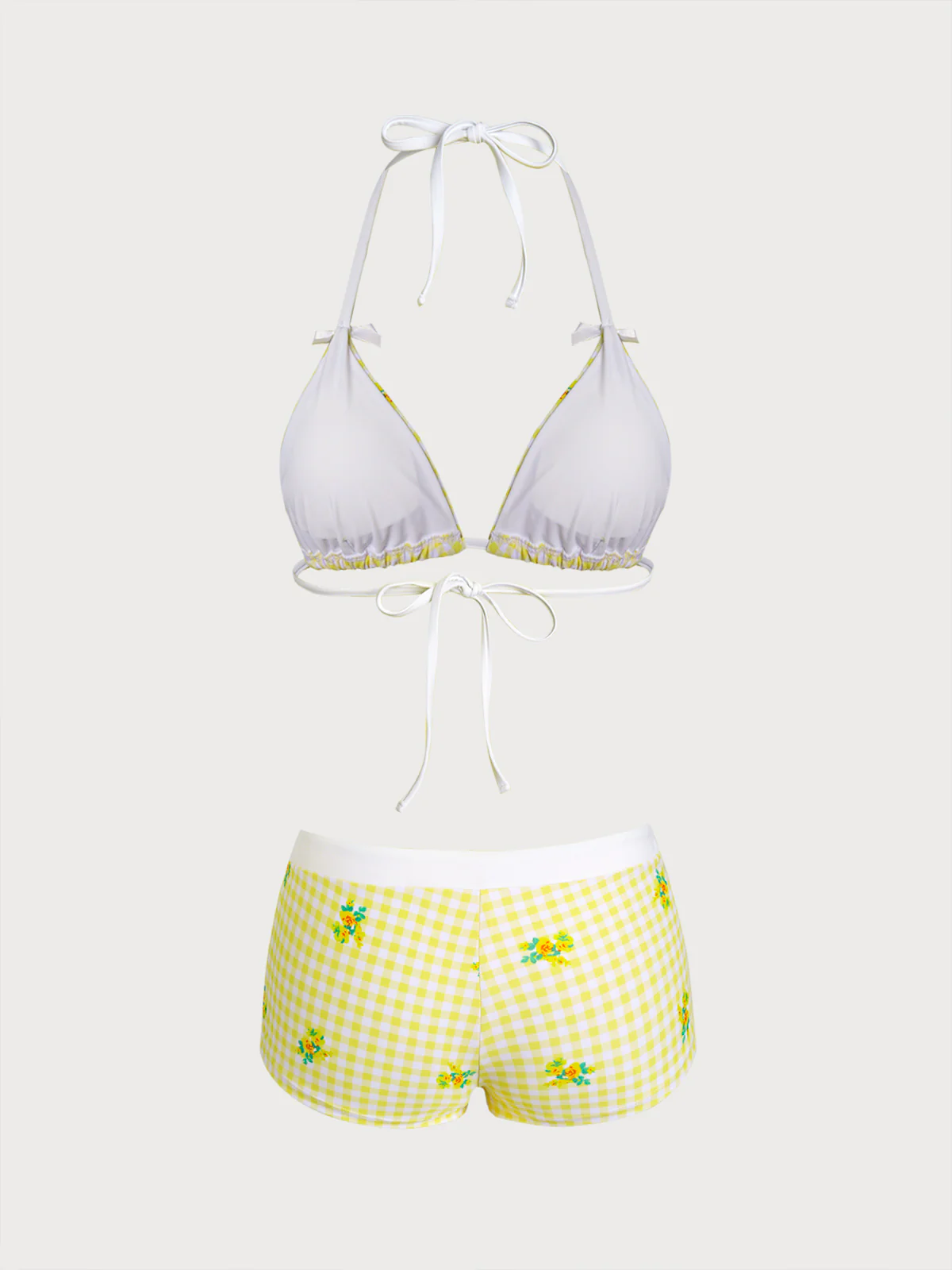 Yellow Floral Plaid Bikini Three-Piece Set - Image 11