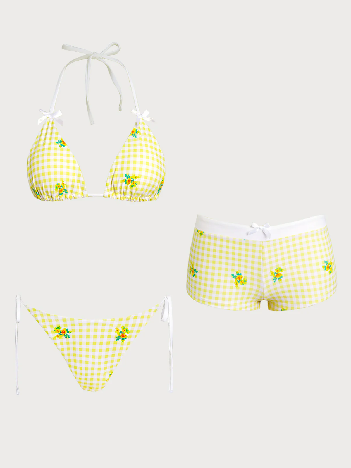Yellow Floral Plaid Bikini Three-Piece Set - Image 9