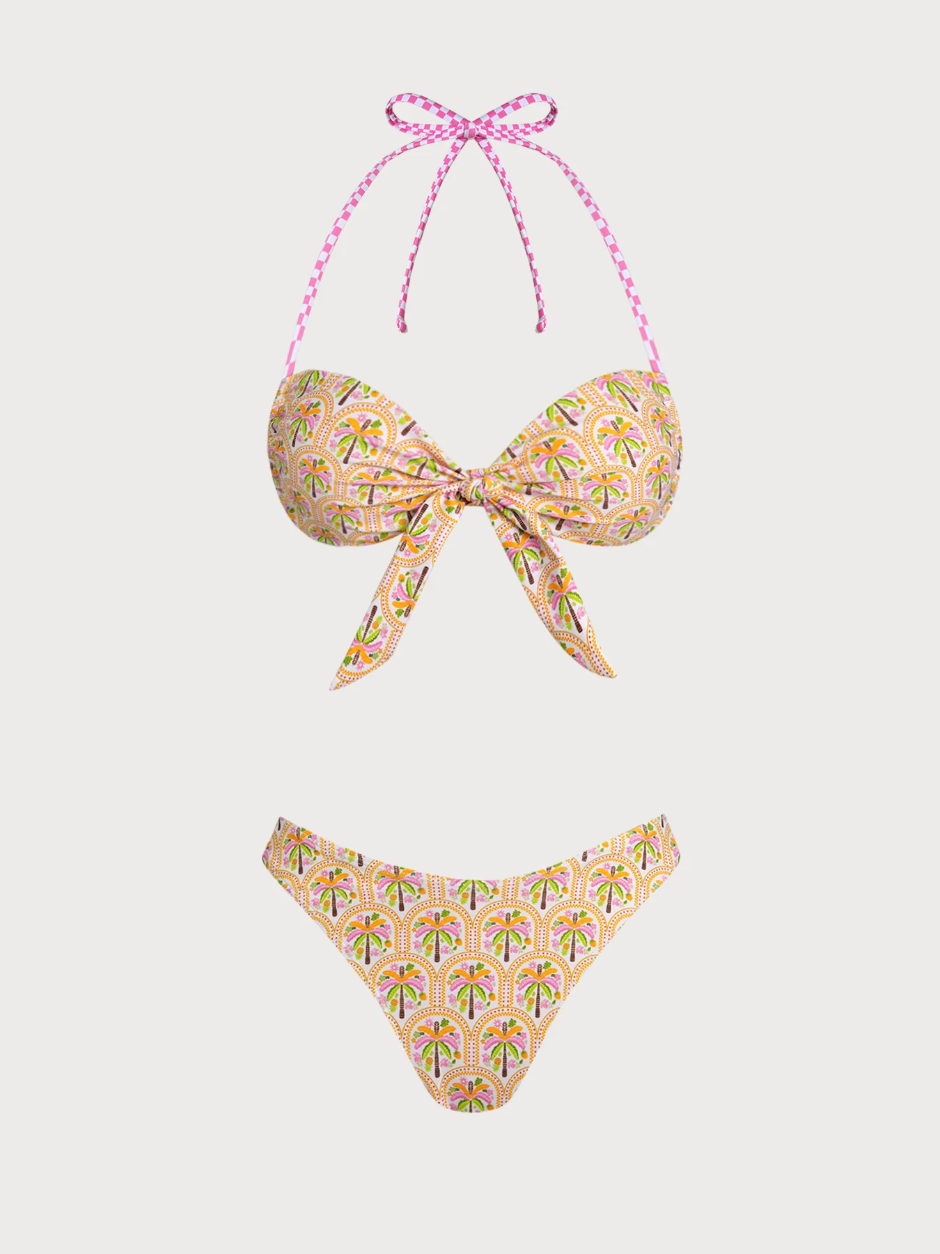 Yellow Floral Tree Print Contrast Twist Bikini Set - Image 7