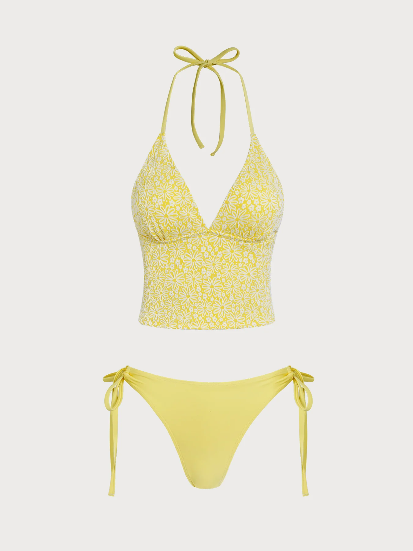 Yellow Halter Floral Plant Tankini Set - Image 6