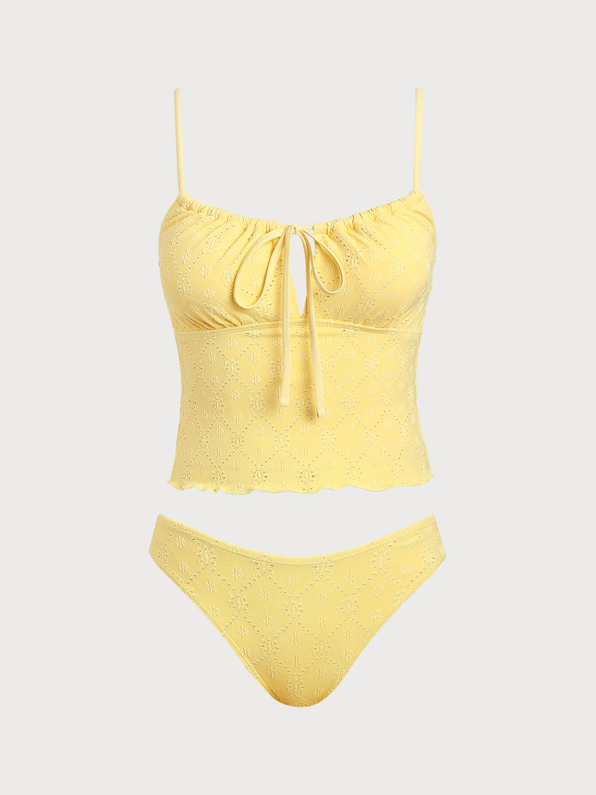 Yellow Wave Cut Tie Front Tankini Set